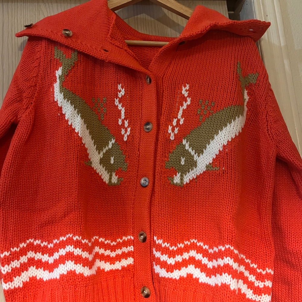 Red Fish Pattern Womens vintage style button up Sweater like Mary Maxim Cowichan